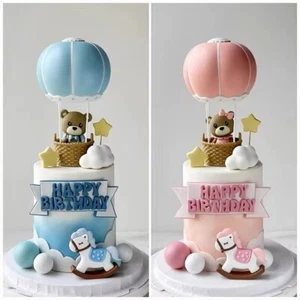 Bear Cake Toppers Baby Shower Birthday Party Decor Hot Air Balloon Pink Blue - Picture 1 of 53