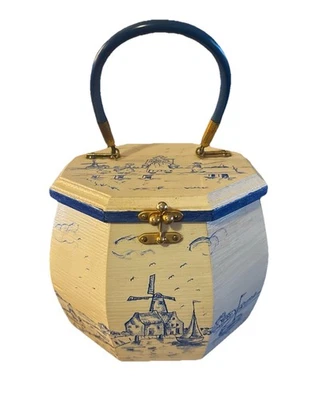 Hand Painted Wood Octagonal Purse Sewing Box Dutch Windmills - Image 1 of 4