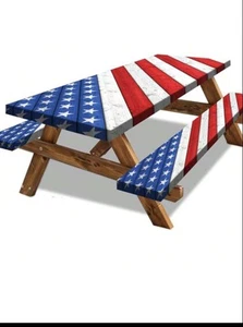 Amerikanische Flagge Picknick Tisch Abdeckung mit Bank Hussen Set - Bild 1 von 3