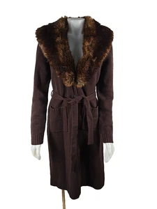NWT - Ralph Lauren Wool Cashmere Faux Fur Belted Cardigan Duster Sweater Large - Picture 1 of 4