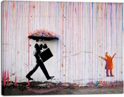 Pinturas en lienzo famosas de la calle Wieco Art Banksy Raining Day o graffiti colorido Foto 1 de 4