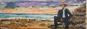 Original Art Painting,Acrylic, 10x3.5, Regina DeVal, The Man and the Sanderlings - Picture 1 of 1