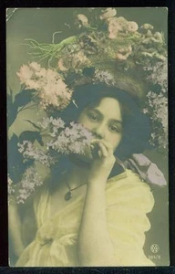 Real Photo Tinted Photo Pretty Lady Flowers Fancy Hat 1911 Vintage Postcard - Picture 1 of 1