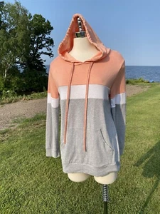 NWT Hoodie Sweatshirt White Grey Peach Wide Stripe Lightweight Sz Womans Medium - Picture 1 of 11