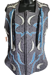 Western Show Vest SMALL Stoned GRAY Blue & White Removeable fringe CUSTOM New - Picture 1 of 11
