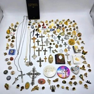 Lot of 158 Religious Pins Pendants Necklaces Rhinestone Angels Jesus God Crosses - Picture 1 of 14