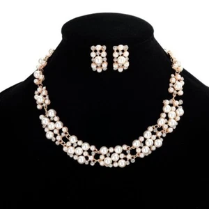 Crystal Imitation Pearl Wedding Bridal Necklace Earrings Jewelry Set For Women - Picture 1 of 15