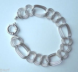 Alternating Textured and Polished Chain Link Bracelet,  Solid Sterling Silver 8" - Picture 1 of 6