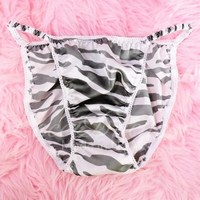 80s style SATIN string bikini Zebra silver silky shiny sissy ladies Panties 6-8 - Image 1 of 4