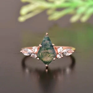 7x12mm Kite Moss Agate Ring 925 Sterling Silver Wedding/Engagement Ring for Her - Picture 1 of 5