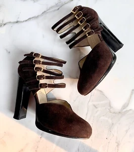 MICHEL PERRY PARIS SUEDE MULTI BUCKLE  PATENT LEATHER PLATFORM HEELS 1990s  7 - Picture 1 of 7