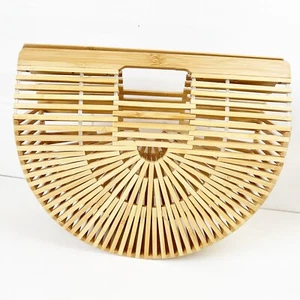 Half Moon Bamboo Beach Purse Basket Tote Slatted Wood Natural Boho - Picture 1 of 12