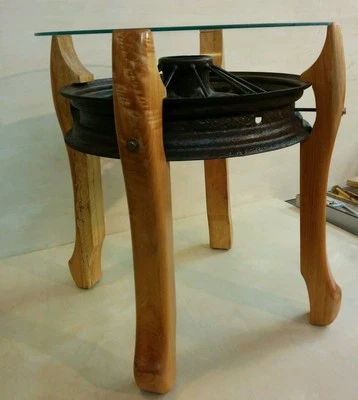 Industrial Modern Glass Top End Table! Maple Legs Ford Model A Metal Rusty Wheel - Image 1 of 4