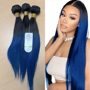 Brazilian 100% Virgin Remy Human Hair STRAIGHT  Hair Extensions 1B/Blue Bundles - Picture 1 of 12