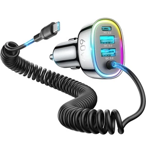 Cargador rápido de teléfono de coche con cable de resorte 4 en 1 60 W con cable USB tipo C - Imagen 1 de 12