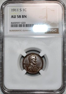 NGC AU-58 BN 1911-S Lincoln Cent, Lustrous, Chocolate-Brown specimen. - Picture 1 of 2