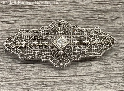 Antiguo broche frontal Art Deco platino oro blanco 14K prendedor y centro de diamantes 3,94 g Foto 1 de 4