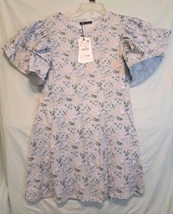 ZARA BUTTERFLY RUFFLE PUFF SLEEVE BLUE FLORAL MINI T SHIRT DRESS 0264/565 L NWT - Picture 1 of 9