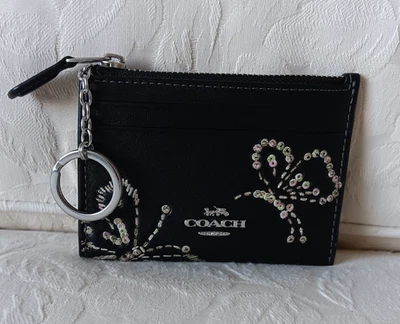 NUEVO CON ETIQUETAS COACH CCM78 Mini Estuche de Identificación Ajustado con Estampado de Mariposa Cuero Liso Negro Foto 1 de 4