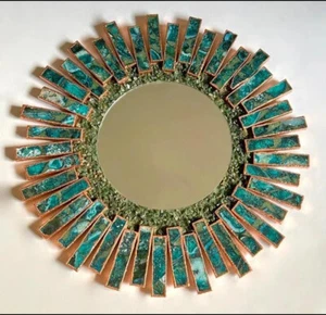 Specchio da parete in agata fatto a mano 20" | Specchio cristallo blu-verde | Finitura oro - Foto 1 di 4
