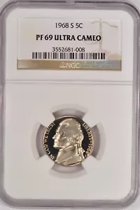 1968 S Jefferson Nickel Proof NGC PF 69 ULTRA CAMEO PR69DCAM Frosty Coin 5C - Picture 1 of 2