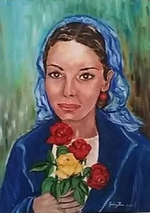 Olio su tela, quadro, quadri, ritratto, donna, rose, arte, arredo - Foto 1 di 1