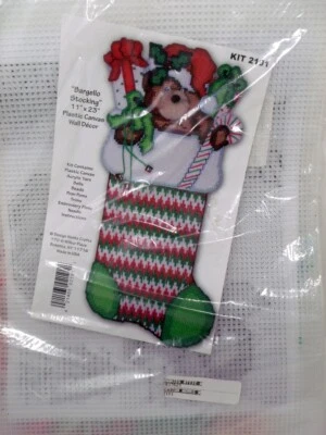 Adorable Teddy Bear in Stocking Plastic Canvas Wall Kit 11" x 23"  HTF - Image 1 of 2