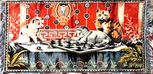 1970s Velvet Cats Kittens on Chess Board Tapestry 20" x 43" Vintage Mint - Picture 1 of 8