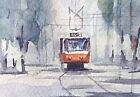 original watercolor painting ACEO red tram rural  transport  trees Train SIBY