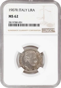 ITALY , SILVER 1 LIRA VITTORIO EMANUELE III 1907 R ( ST21 ) NGC MS 62 , RARE - Picture 1 of 2