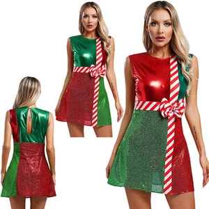 FEESHOW Womens Christmas Dance Costume Mrs Santa Xmas Party Sequins Dance AU - Picture 1 of 32