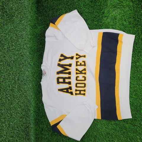 Vintage Army Hockey Sweatshirt XL White Yellow Black Striped Spell Out Bold Logo Cover