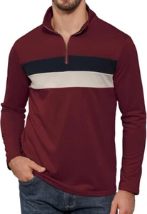 Aulemen Men's Quarter Zip Up Pullover Long Sleeve Polo Shirts Casual Contrast - Picture 1 of 9