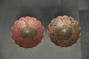 2 Pc Vintage Brass Handcrafted Peacock Design Engraved Colorful Lacquer Bowl - Picture 1 of 10