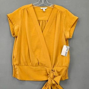 Nine West Shirt Yellow Bronze Tie Surplice Short Sleeves V-Neck Women Size L Top - Picture 1 of 13
