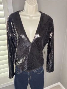 EXPRESS size LARGE SEQUIN V-neck bodysuit SZ LG NWT $98 Holiday Bling Classy LG - Picture 1 of 14