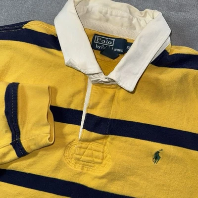 Camisa de Rugby Polo Ralph Lauren Hombres XL Amarillo Azul Rayas Forrada de Vellón Poni Foto 1 de 4