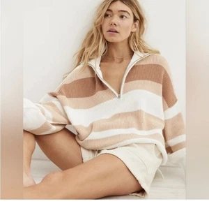 Suéter Pullover Aerie Beyond Neutro Tejido a Rayas Grande Holgado 1/4 Cremallera S - Imagen 1 de 5