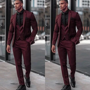 Burgundy Men Suits Formal Business Party Wedding Groom Men Tuxedos Vest Pant - Picture 1 of 16