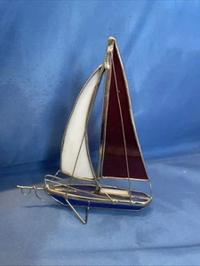 Buntglas Segelboot Yacht Skulptur rot weiß königsblau Schiff Handarbeit 6 Zoll - Bild 1 von 7