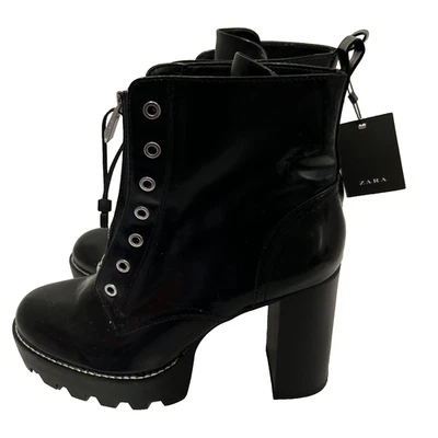 Botines Zara Gruesos Tacos Plataforma Cremallera en Charol Negro. Talla 10 Foto 1 de 4