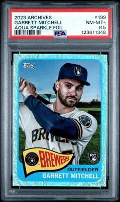 2023 Topps Archives #199 Garrett Mitchell Rookie Aqua Sparkle Foil PSA 8.5 - Image 1 of 2