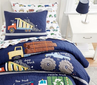 Pottery Barn Kids Busy Trucks Cotton Twin Quilt + 1 Sham Blue Multi 86"x68” - Image 1 of 4