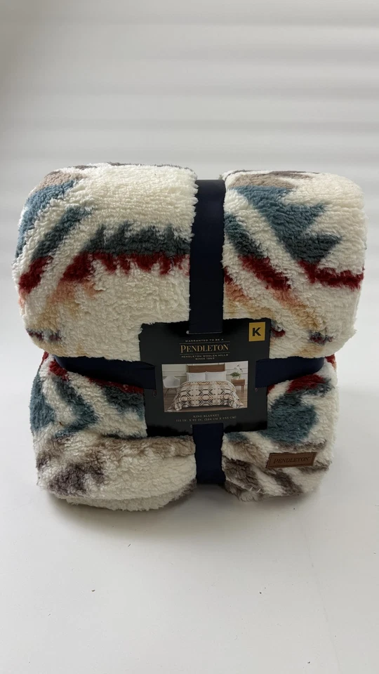 Pendleton King Blanket 112x92 Plush Fleece White Multi Southwest Aztec Polyester - Image 1 of 4