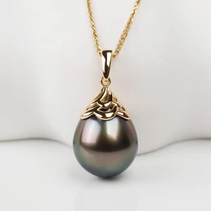 Flawless 11.8mm Black purple Tahitian Saltwater Pearl Pendant 14KY Gold - Picture 1 of 6