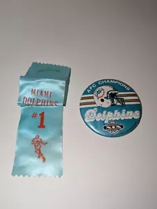 Vtg 1984 Miami Dolphins AFC Champions Superbowl XIX 3.5" Pinback Button & Ribbon - Picture 1 of 5