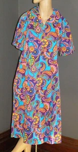Vintage 60's colorful PAISLEY half zip house day dress XL 2XL mod hippy COLLAR - Picture 1 of 12