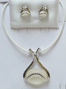 Halskette mit Anhänger Lederband + Ohrstecker weiß L 40cm Schmuckset - Bild 1 von 5