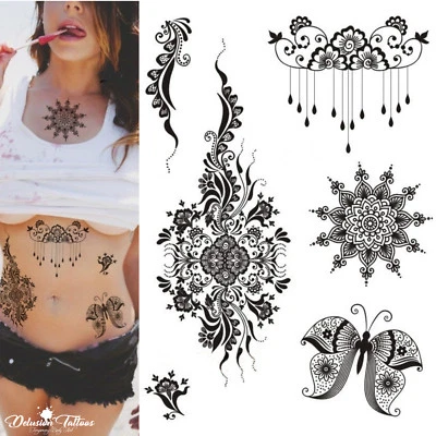 DELUSION TATTOOS Henna Temporäres Tattoo Set - 6er Set - Mandala Schmetterling Blumen Spitze Schwarz