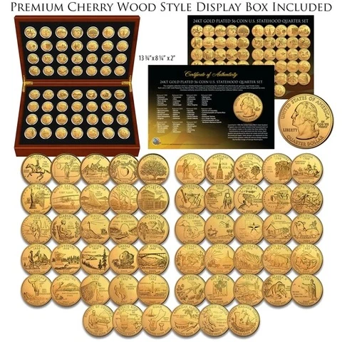 1999-2009 Complete 24K GOLD Clad State Quarters 56-Coin Set CherryWood Style Box Cover